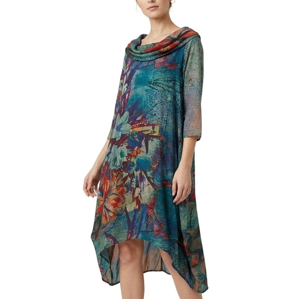 Shana Multicolor Abstract Cowl Neck Asymmetrical Lagenlook Dress Size XS